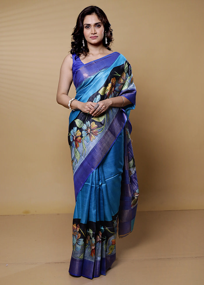 Blue Handloom Tussar Pure Silk Saree With Blouse Piece