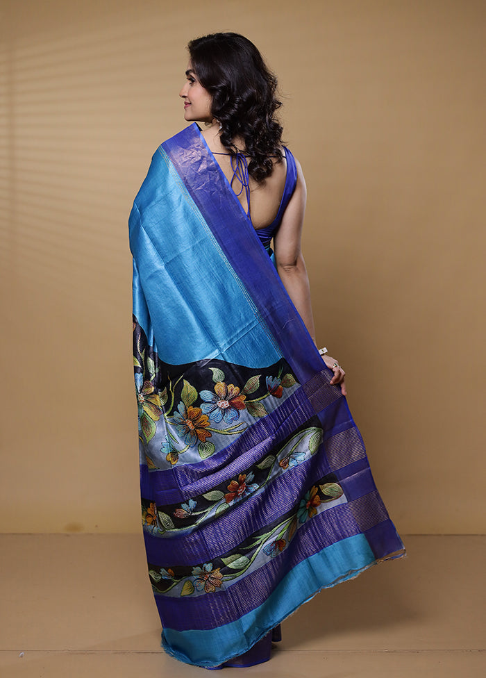 Blue Handloom Tussar Pure Silk Saree With Blouse Piece