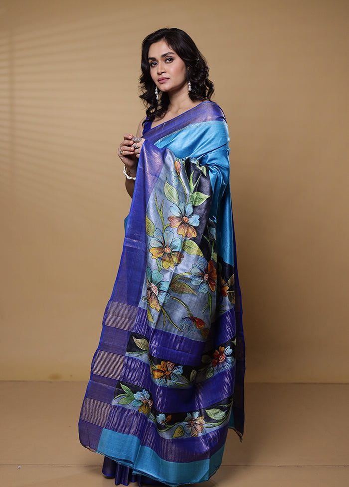 Blue Handloom Tussar Pure Silk Saree With Blouse Piece