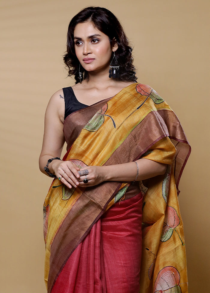 Yellow Handloom Tussar Pure Silk Saree With Blouse Piece