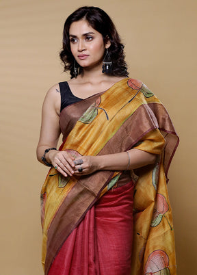 Yellow Handloom Tussar Pure Silk Saree With Blouse Piece