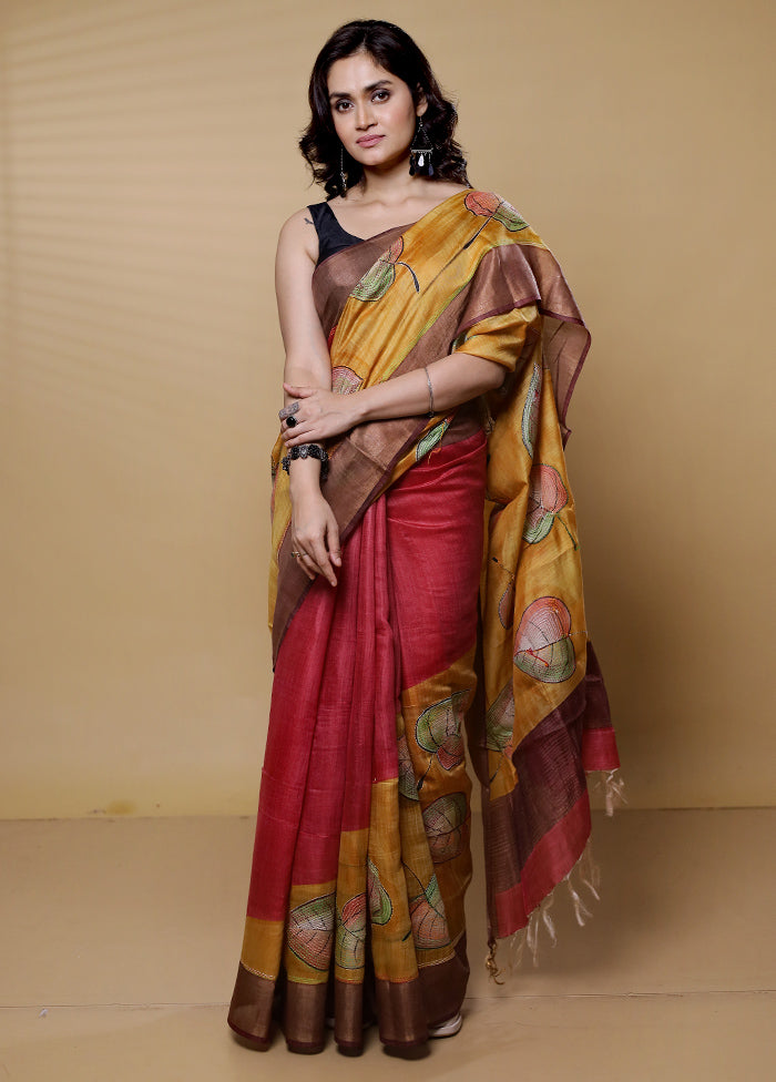 Yellow Handloom Tussar Pure Silk Saree With Blouse Piece