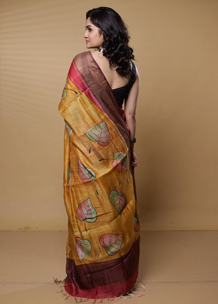 Yellow Handloom Tussar Pure Silk Saree With Blouse Piece