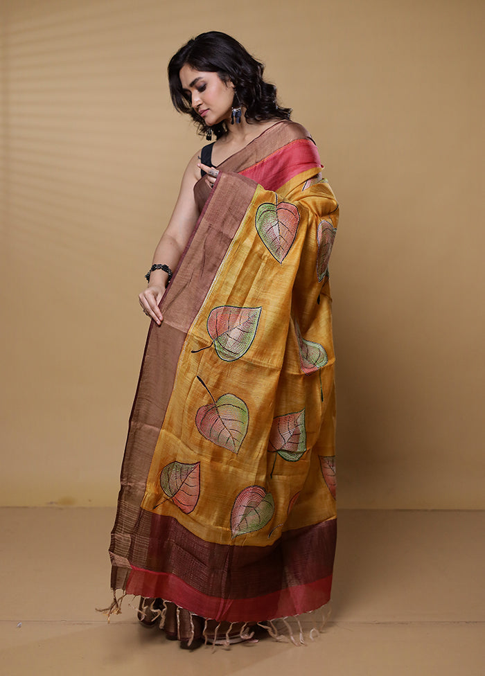 Yellow Handloom Tussar Pure Silk Saree With Blouse Piece