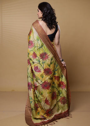 Yellow Handloom Tussar Pure Silk Saree With Blouse Piece