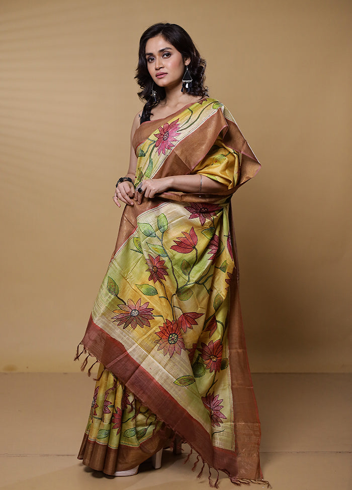 Yellow Handloom Tussar Pure Silk Saree With Blouse Piece