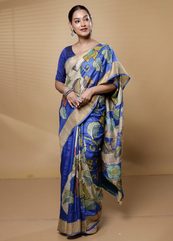 Blue Handloom Tussar Pure Silk Saree With Blouse Piece