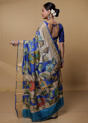 Blue Handloom Tussar Pure Silk Saree With Blouse Piece