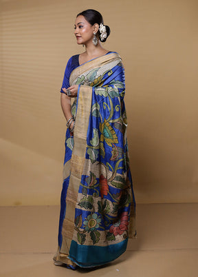 Blue Handloom Tussar Pure Silk Saree With Blouse Piece