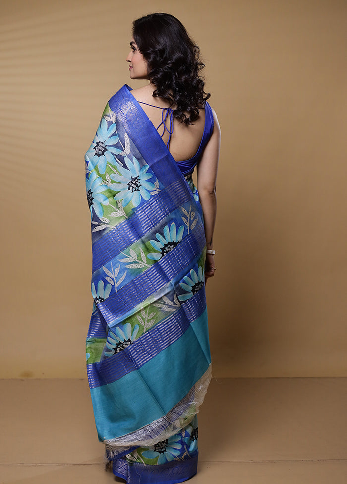 Blue Tussar Silk Saree With Blouse Piece