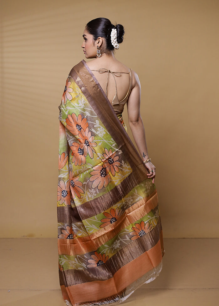 Peach Tussar Silk Saree With Blouse Piece