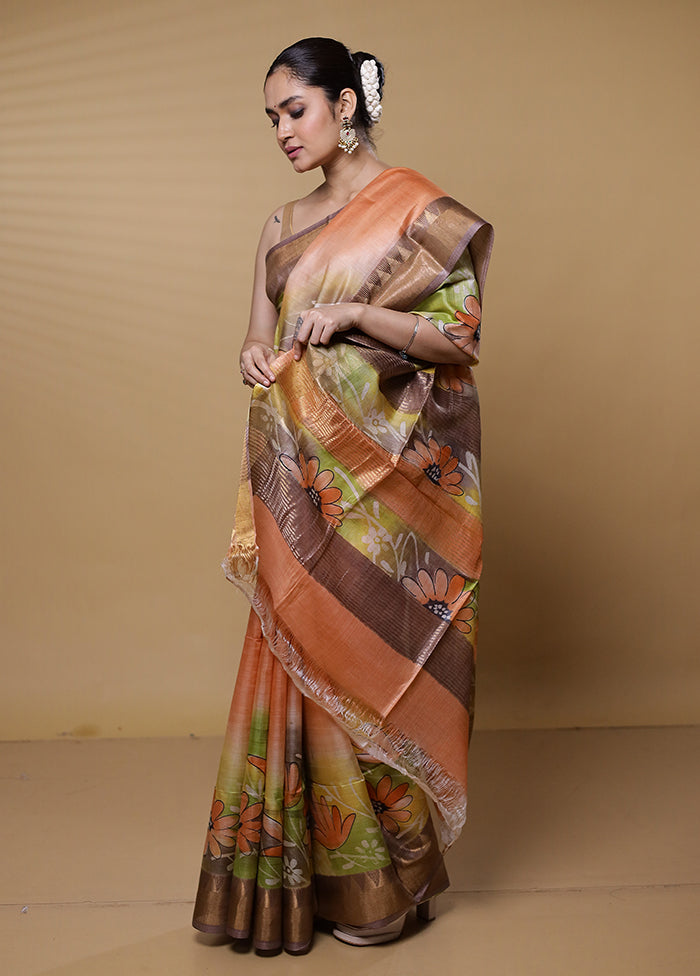 Peach Tussar Silk Saree With Blouse Piece