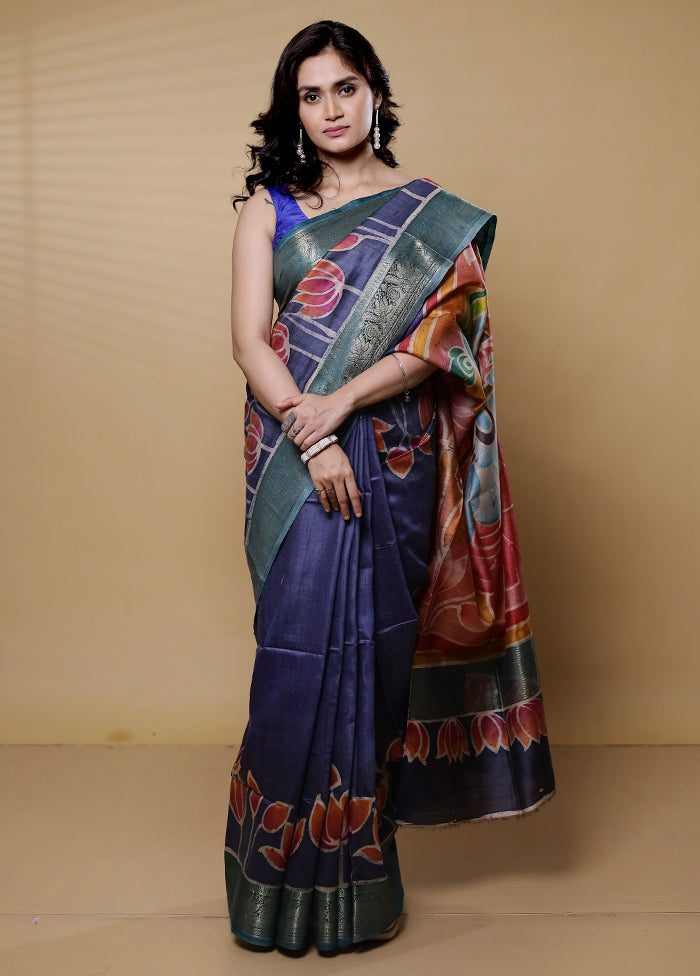 Blue Handloom Tussar Pure Silk Saree With Blouse Piece