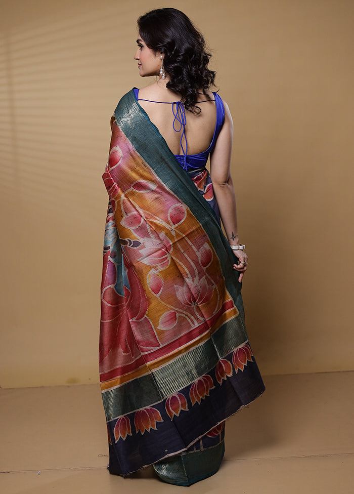 Blue Handloom Tussar Pure Silk Saree With Blouse Piece