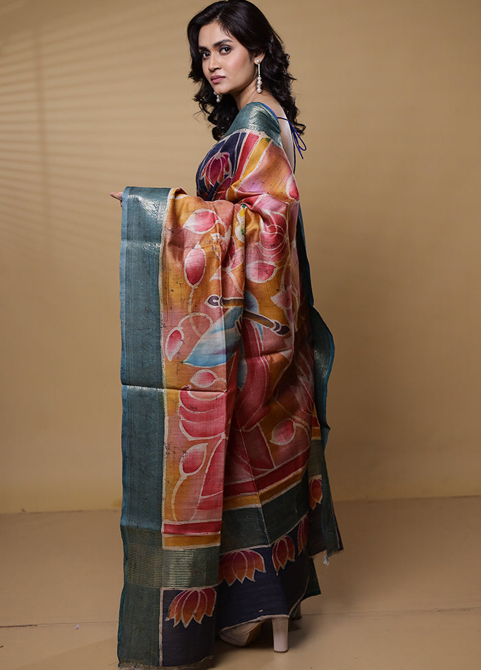 Blue Handloom Tussar Pure Silk Saree With Blouse Piece