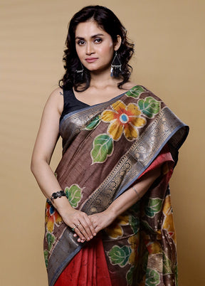 Brown Handloom Tussar Pure Silk Saree With Blouse Piece