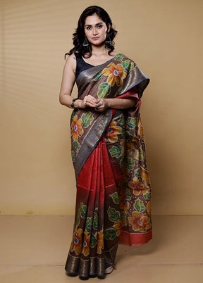 Brown Handloom Tussar Pure Silk Saree With Blouse Piece