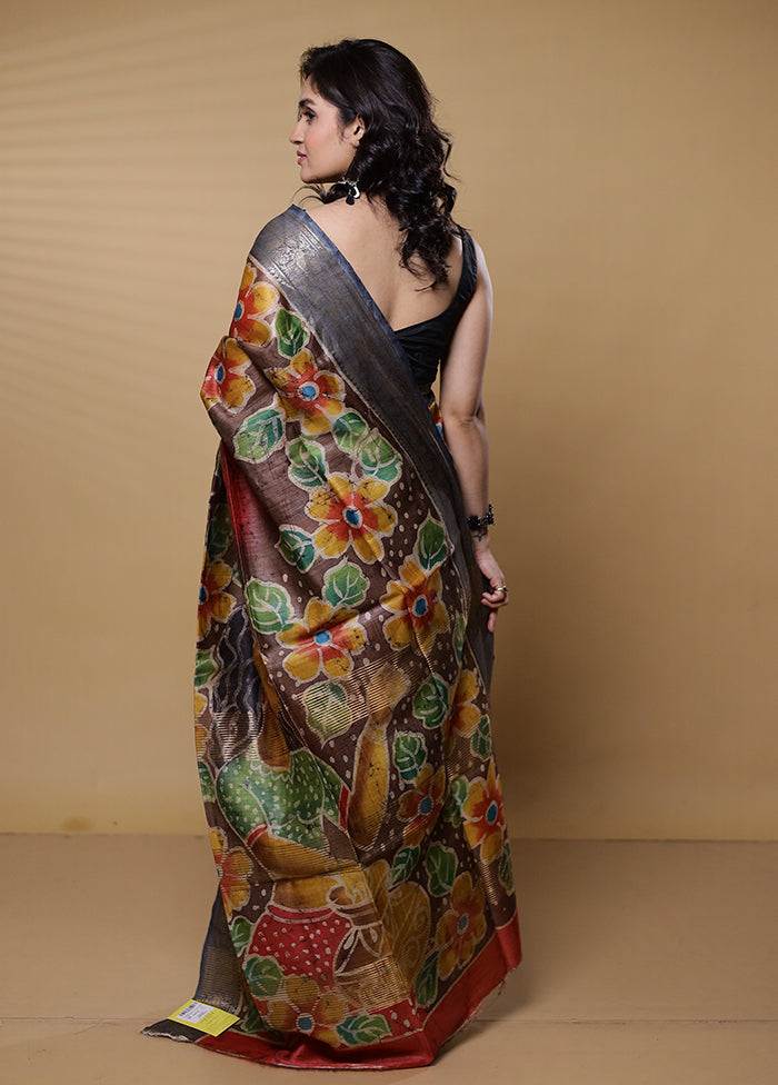 Brown Handloom Tussar Pure Silk Saree With Blouse Piece