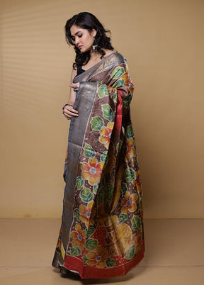 Brown Handloom Tussar Pure Silk Saree With Blouse Piece