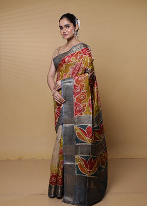 Yellow Handloom Tussar Pure Silk Saree With Blouse Piece