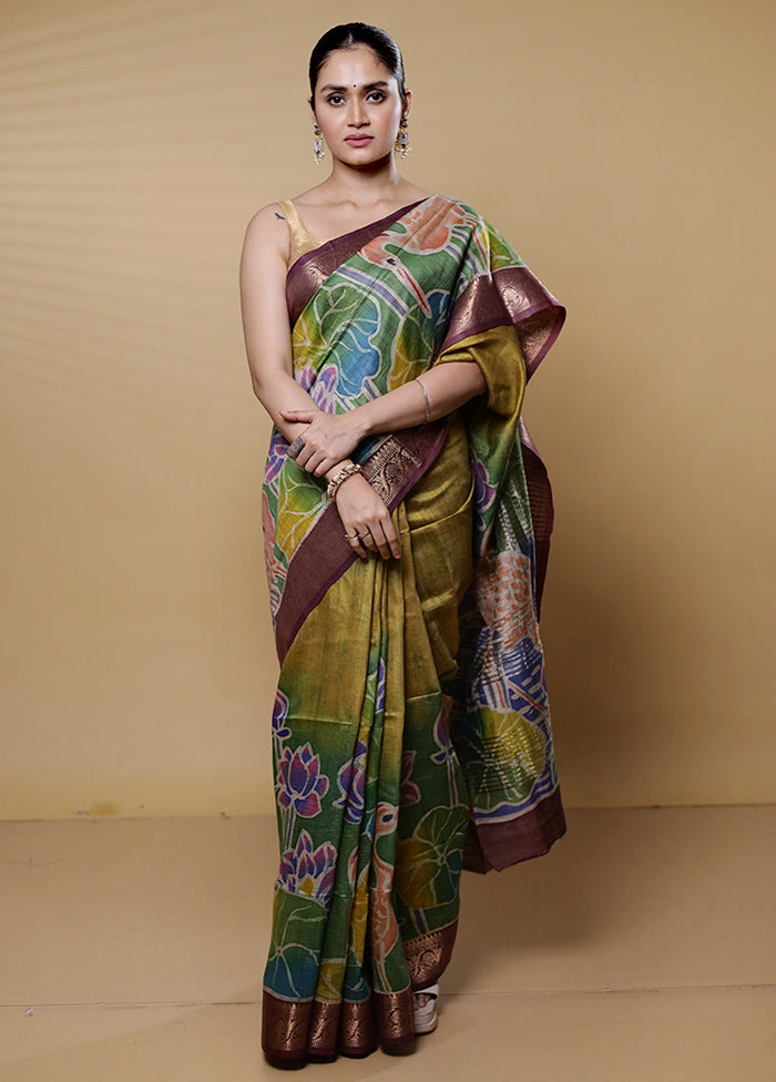 Green Handloom Tussar Pure Silk Saree With Blouse Piece