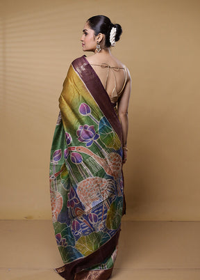 Green Handloom Tussar Pure Silk Saree With Blouse Piece