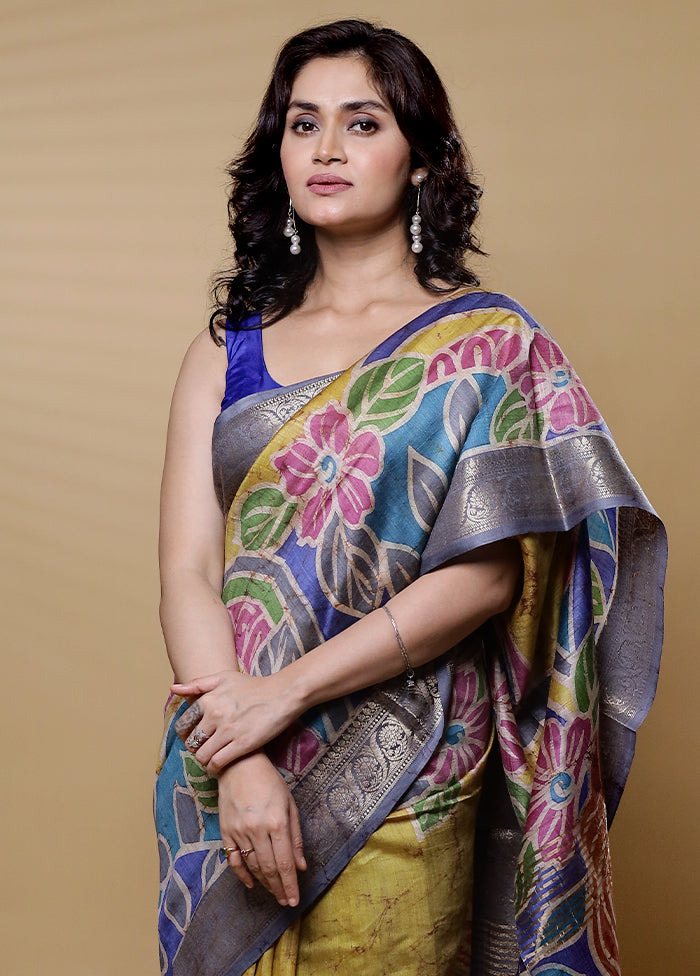 Blue Handloom Tussar Pure Silk Saree With Blouse Piece