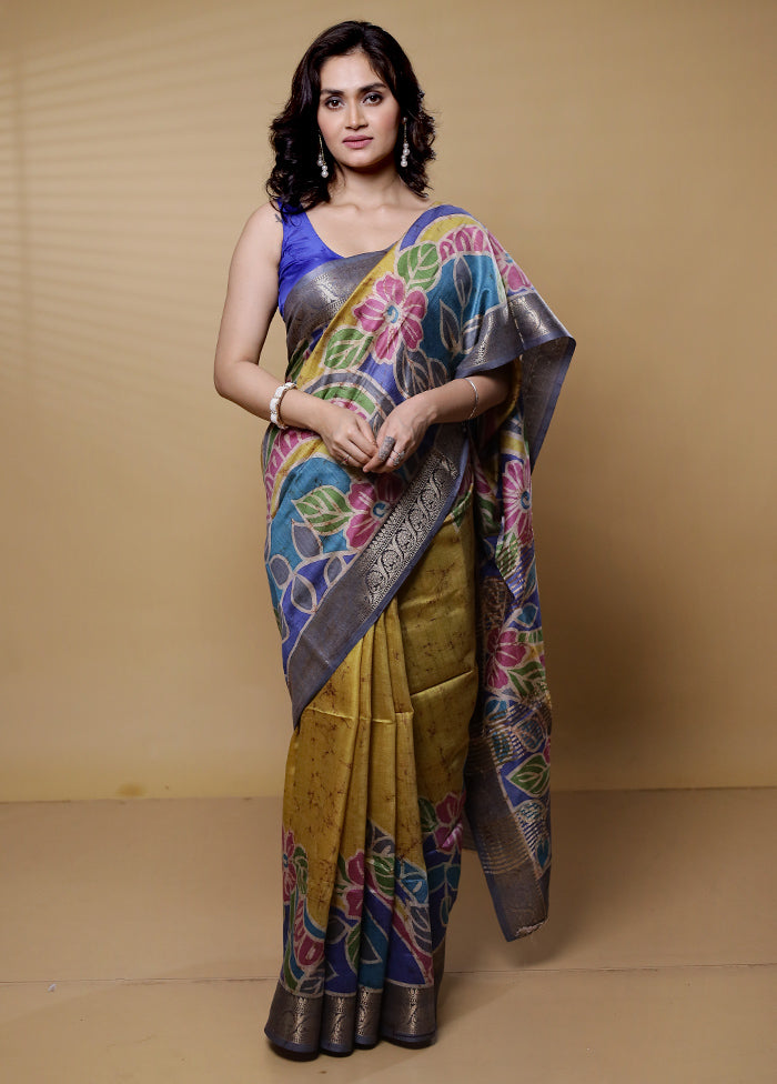 Blue Handloom Tussar Pure Silk Saree With Blouse Piece