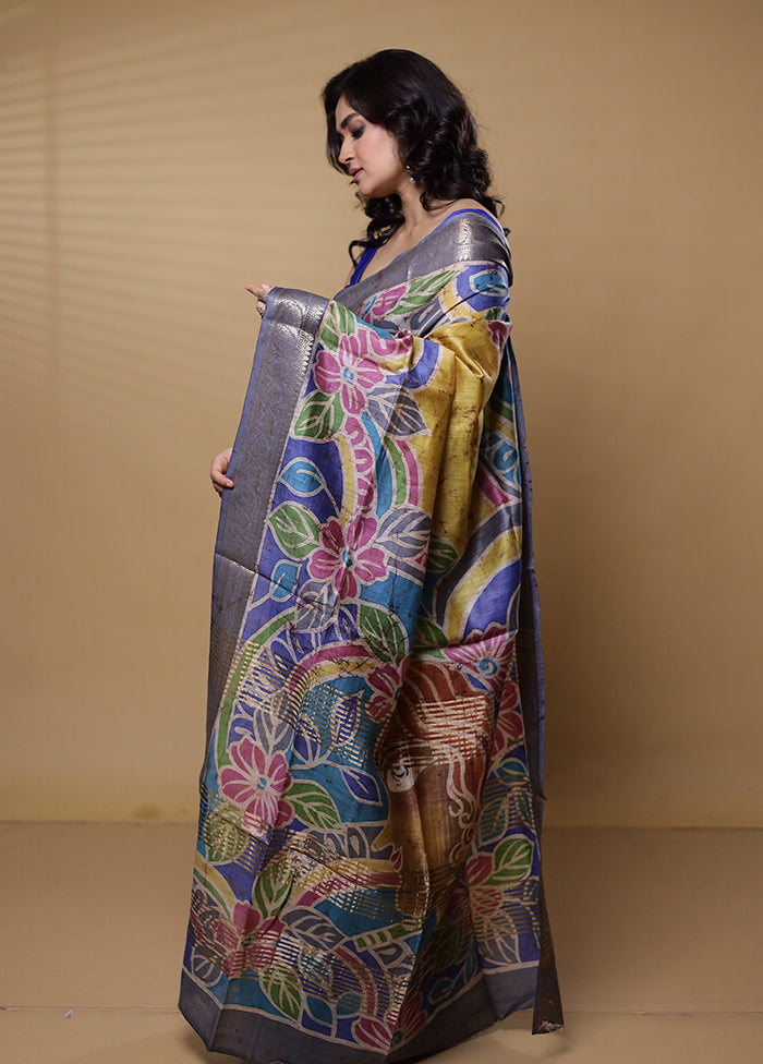 Blue Handloom Tussar Pure Silk Saree With Blouse Piece