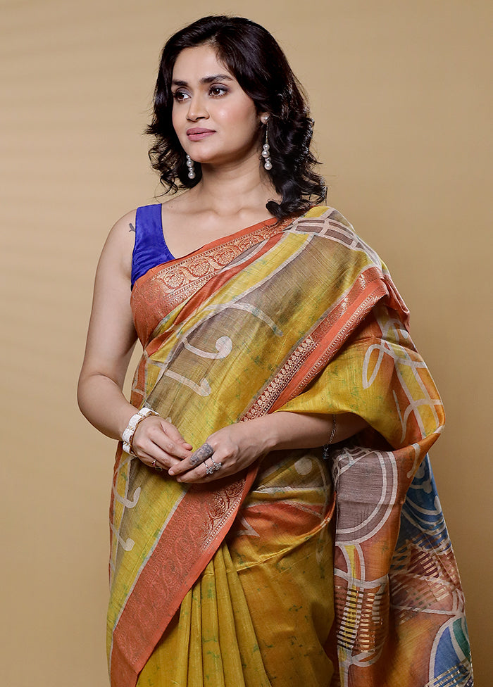 Yellow Handloom Tussar Pure Silk Saree With Blouse Piece