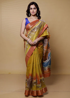 Yellow Handloom Tussar Pure Silk Saree With Blouse Piece