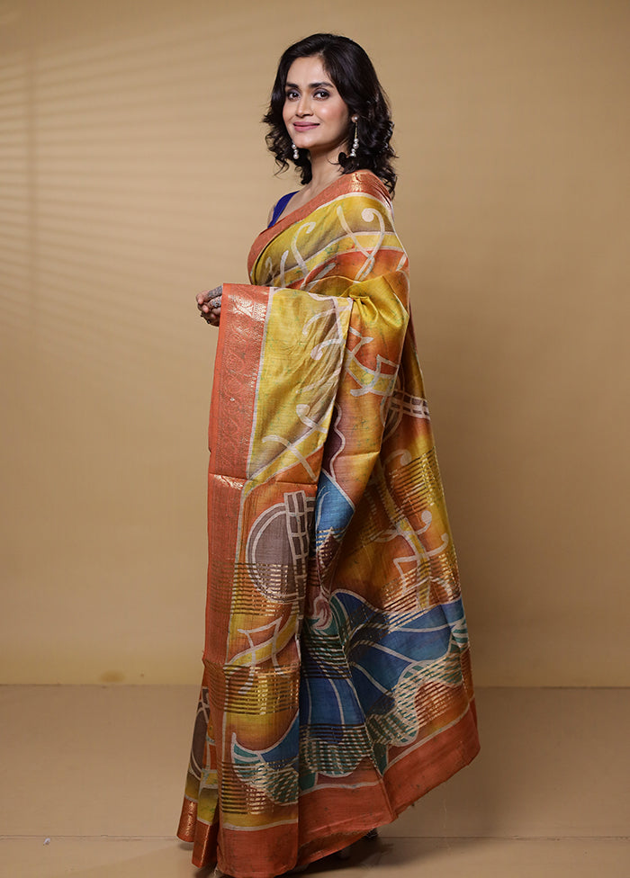 Yellow Handloom Tussar Pure Silk Saree With Blouse Piece