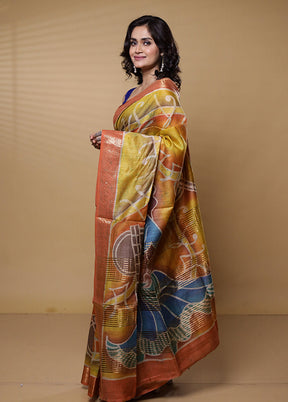 Yellow Handloom Tussar Pure Silk Saree With Blouse Piece