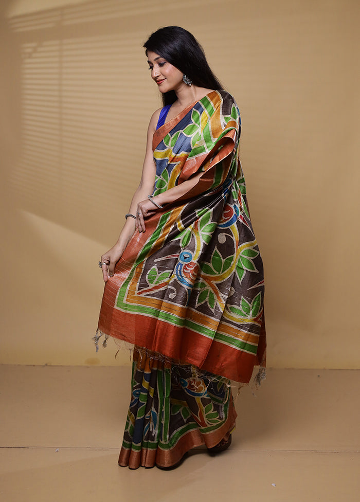 Multicolor Handloom Tussar Pure Silk Saree With Blouse Piece