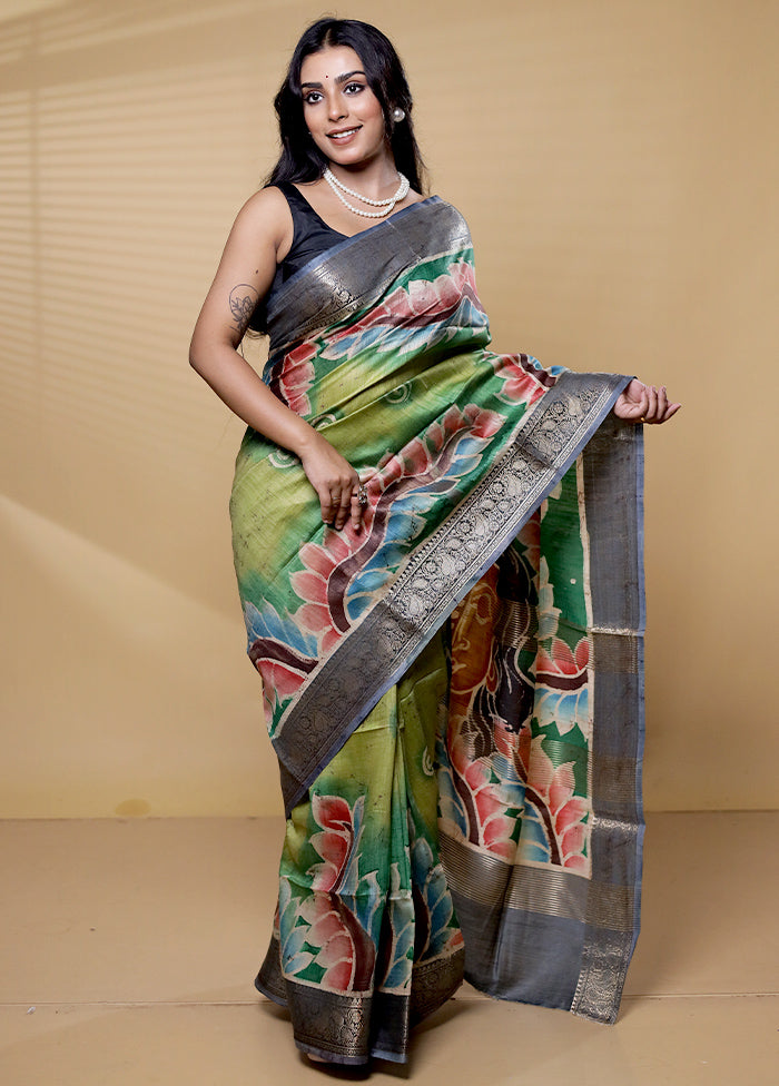 Multicolor Handloom Tussar Pure Silk Saree With Blouse Piece