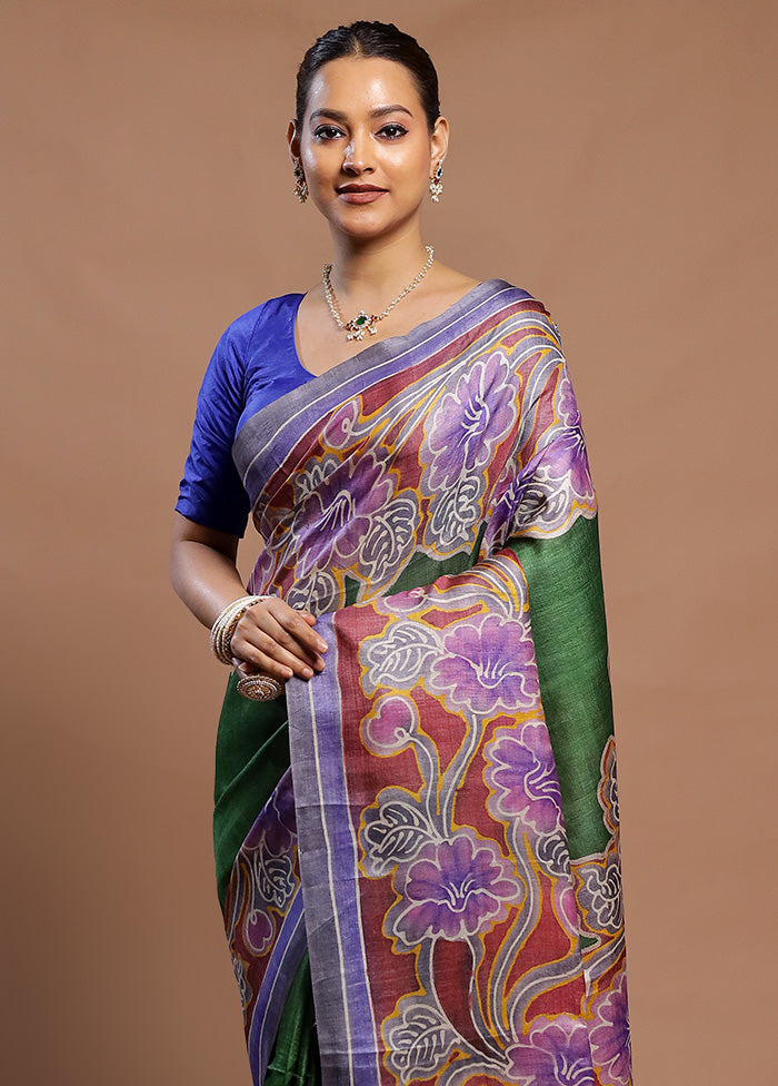 Green Handloom Tussar Pure Silk Saree With Blouse Piece