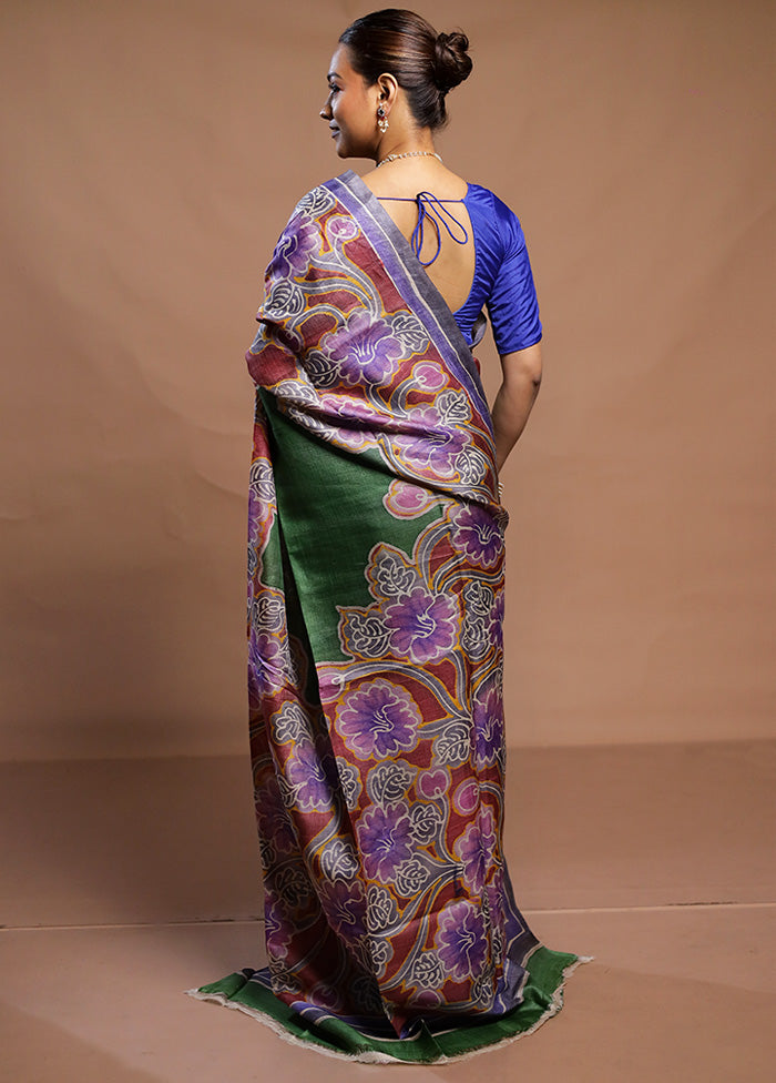 Green Handloom Tussar Pure Silk Saree With Blouse Piece