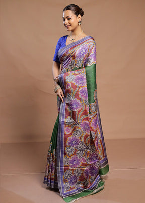 Green Handloom Tussar Pure Silk Saree With Blouse Piece