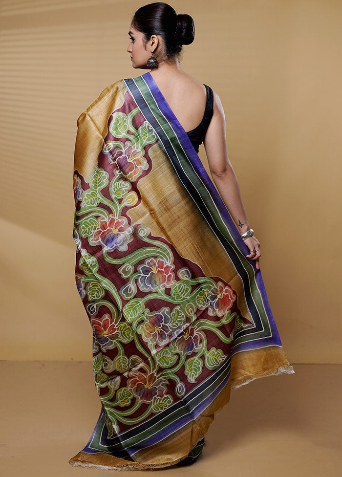 Multicolor Handloom Tussar Pure Silk Saree With Blouse Piece