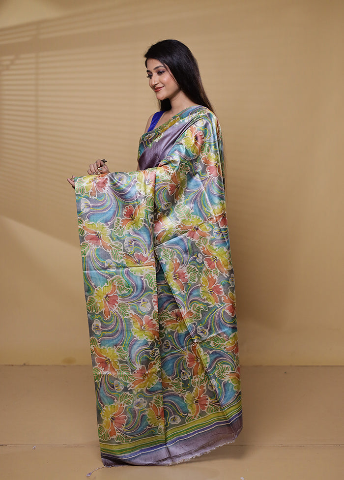 Multicolor Handloom Tussar Pure Silk Saree With Blouse Piece