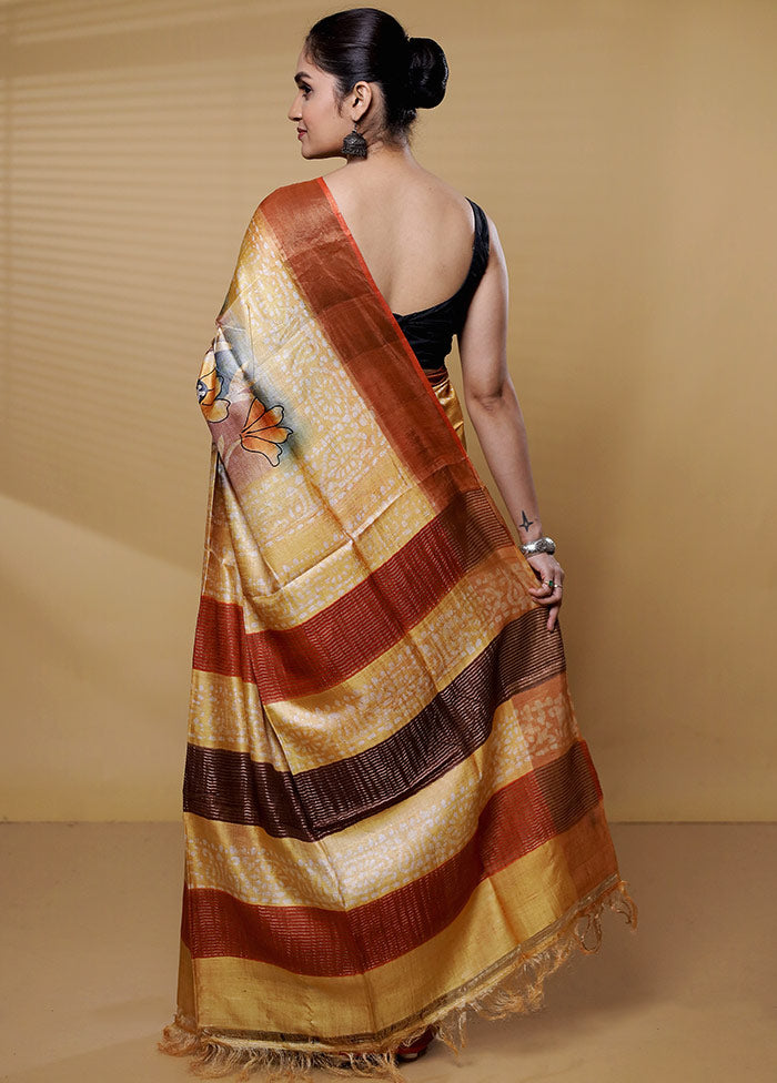 Multicolor Handloom Tussar Pure Silk Saree With Blouse Piece