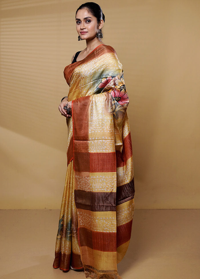 Multicolor Handloom Tussar Pure Silk Saree With Blouse Piece