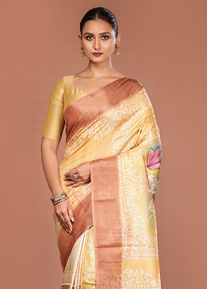 Multicolor Handloom Tussar Pure Silk Saree With Blouse Piece