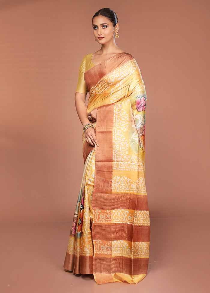 Multicolor Handloom Tussar Pure Silk Saree With Blouse Piece