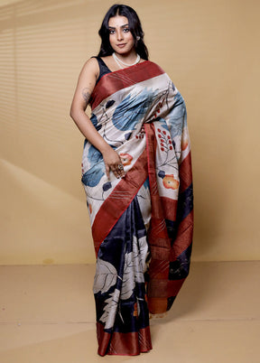 Multicolor Handloom Tussar Pure Silk Saree With Blouse Piece