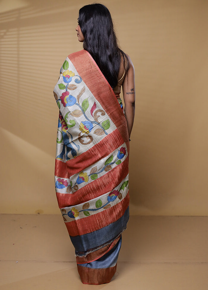 Multicolor Handloom Tussar Pure Silk Saree With Blouse Piece