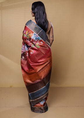 Multicolor Handloom Tussar Pure Silk Saree With Blouse Piece