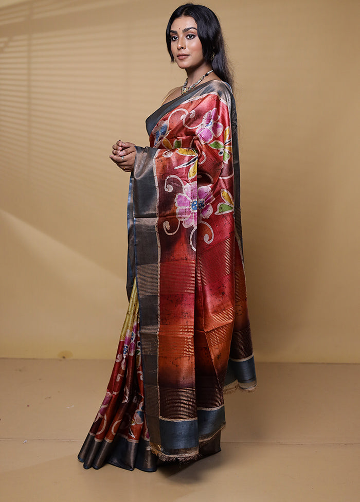 Multicolor Handloom Tussar Pure Silk Saree With Blouse Piece