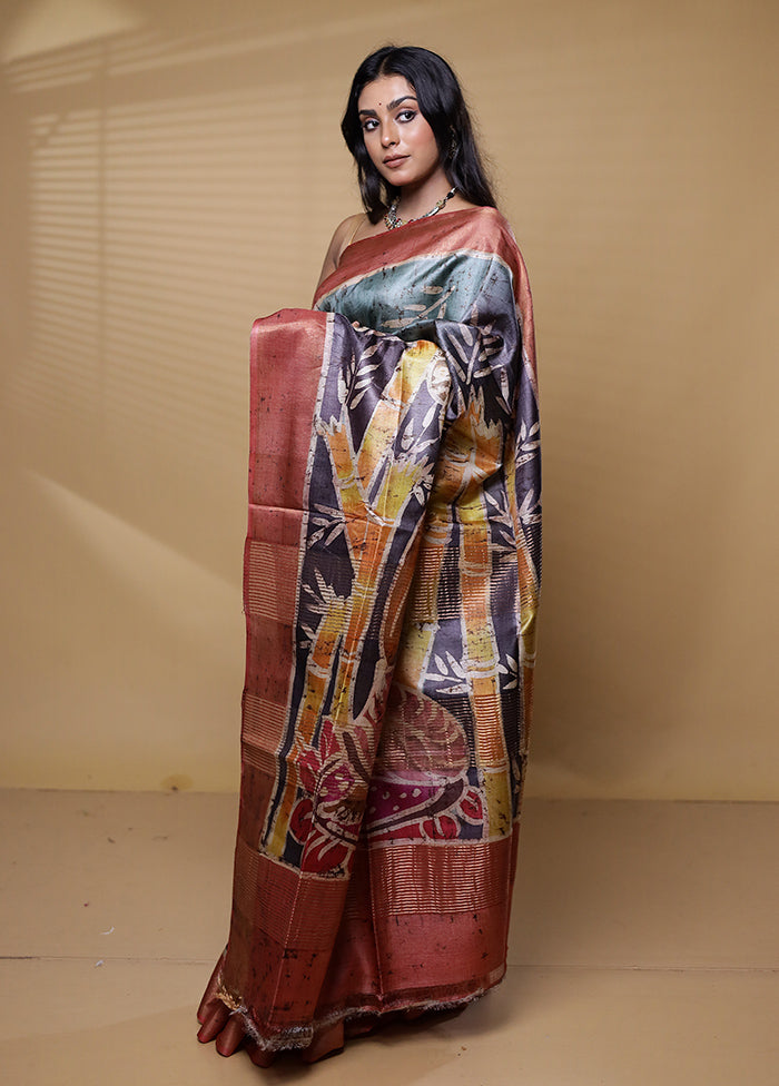 Multicolor Handloom Tussar Pure Silk Saree With Blouse Piece