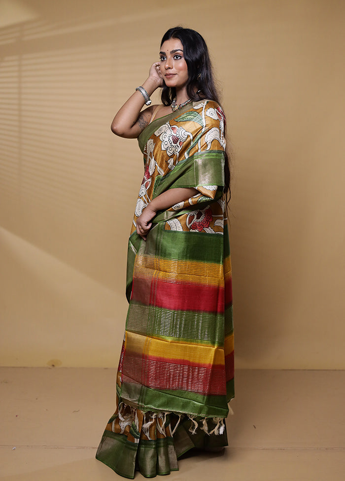 Multicolor Handloom Tussar Pure Silk Saree With Blouse Piece